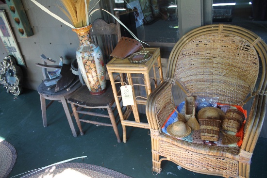 Rattan Chair, Stand, Chair Parts, Oriental Vase