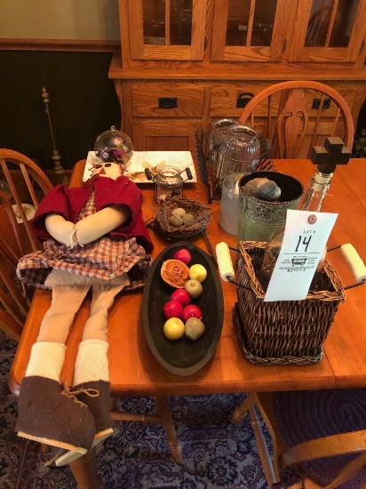 Doll, Rabbit Platter, Wooden Bowl, Candles, Canister Set