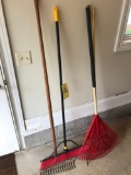 3 rakes & push broom