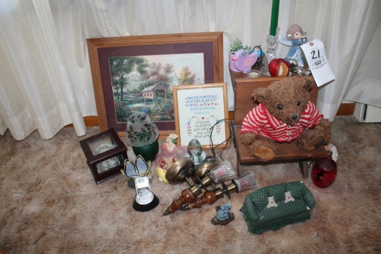 Covered Bridge Picture, Music Box, Sconces, Needle Point Picture, Precious Moment, School Desk