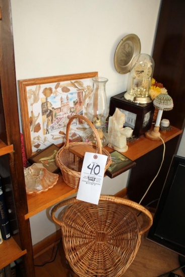 Assorted Decor, Baskets, Danbury Mantle Clock, Wright Bros. Collector Plate, Picture Box, Oil Lamp