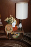 End Table, Lamp, Bird Clock, Artificial Flowers, Stuffed Animals