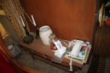 Wood Bench, Oil Lamp, Crock, Candle Sticks