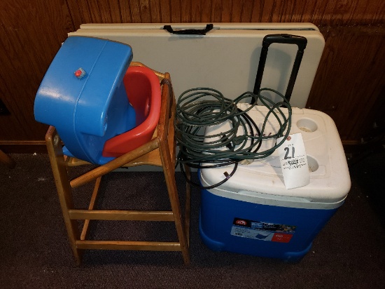 6 ft. Plastic Folding Table, Igloo Cooler, High Chair