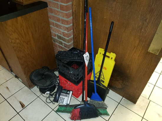 Brooms, Wet Floor Sign, Fan, Phone, Crates