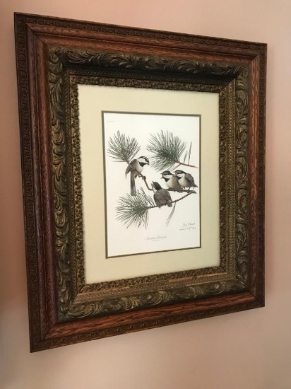 Ray Harm Pencil Signed "Mountain Chickadee" With Oak Frame, 30"x27"