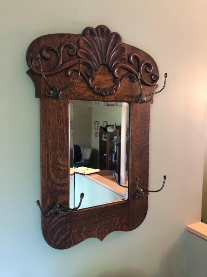 Oak Applied Carving Framed Mirror With Hat Hooks