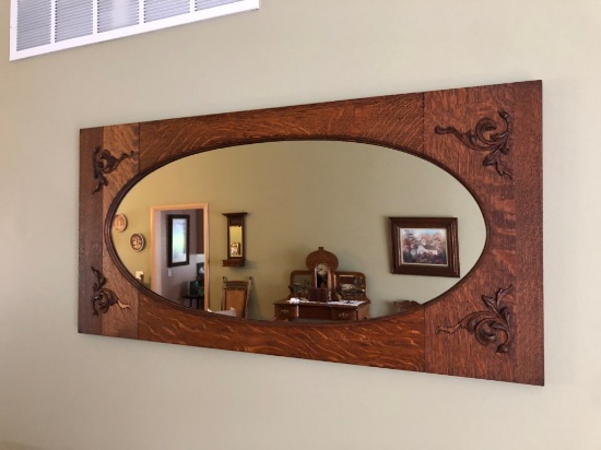 Oak Framed Mirror With Applied Carving, *BOTTOM CORNER APPLIED CARVINGS ARE DAMAGED*