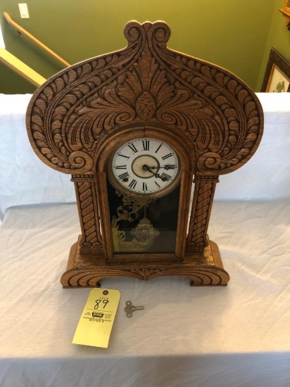 Oak Mantle Clock With Pendulum, Chime & Key