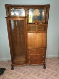 Oak Drop-Front Secretary Side-By-Side With Curved-Glass Curio