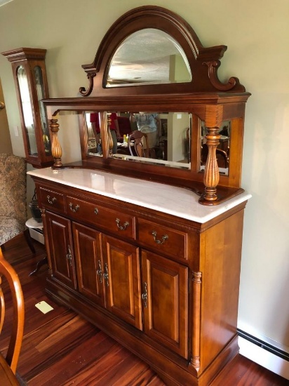 Solid Cherry Marble-Top Server With Beveled-Glass Mirror
