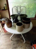 Table, Crocks, Planters, Yard Tools, And Fan