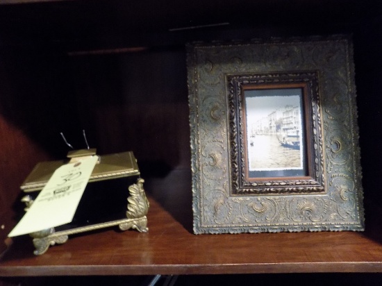 Composite dresser box, water scene in decorative frame 14" x 12"