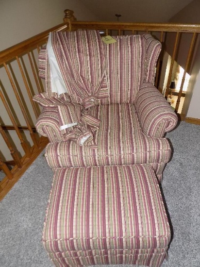 Upholstered chair w/ matching ottoman and curtains, new upholstery on chair
