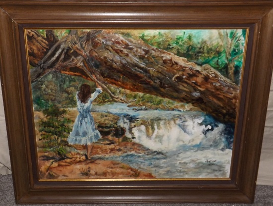 Patty Ciyne? Or Cujne? Oil/canvas Scene Of Girl At Waterfall, 24 X 30, Frame Size Is 32 X 38