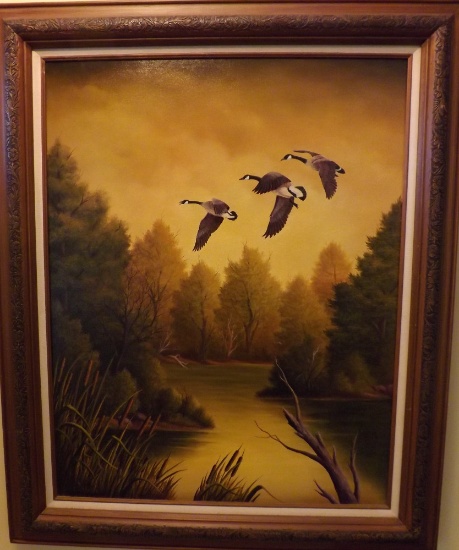 Cortney Oil/canvas Scene Of Flying Ducks, 22 X 28, Frame Size Is 28 X 34