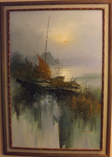 Park Oil/canvas Of Boat Scene, 24 X 36, Frame Size Is 30 X 41.