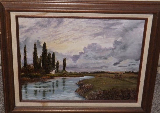 Helena Oil/canvas (scene Of Stream, Cottage, People), 12 X 16, Frame Size Is 17 X 21.