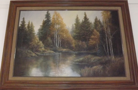 Laura P. Mann Oil/canvas Scene Of Trees & Pond, 36 X 24, Frame Size Is 45 X 33. Dated 1989