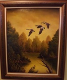 Cortney Oil/canvas Scene Of Flying Ducks, 22 X 28, Frame Size Is 28 X 34