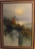 Park Oil/canvas Of Boat Scene, 24 X 36, Frame Size Is 30 X 41.