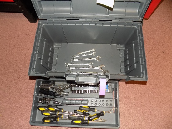 Wrenches, deep well sockets, drivers and tool box