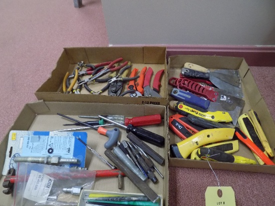 (3) Boxes of putty knives, [pliers, and punches