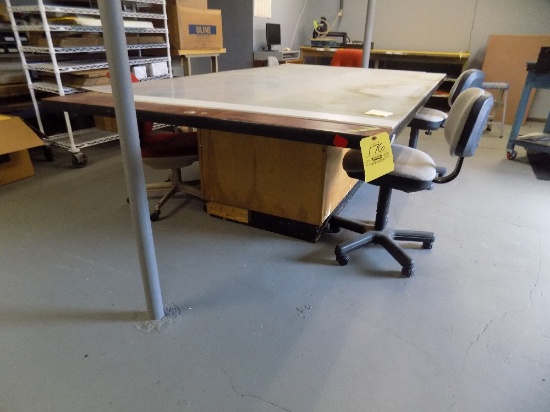 Worktable 5ft x 9ft and chairs, workbench with shelves 3ft x 8ft (contents not included)