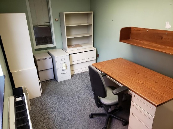 (2) Desks, (2) Office Chairs, (5) Filing Cabinets, Wood Rolling Cabinet