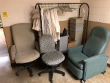 3 Chairs - Coat Rack Cart - Misc. Curtains - Trash Bins