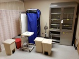 Stainless Medical Supply Cabinet - Rolling Shelf - Divider - Rubbermaid Trash Bins - Linen Cart