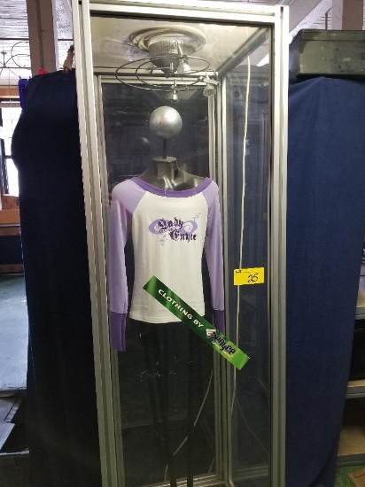 7' Lexan display case on casters with rotating display lighting & contents which are autographed