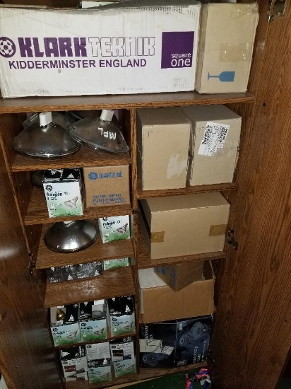 Wood storage cabinet with new Par 38 light bulbs