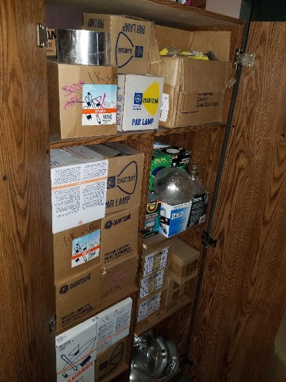Wood storage cabinet with new Par 38 light bulbs