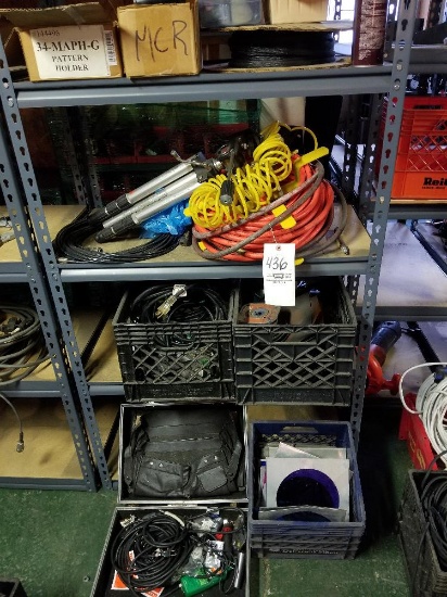 Metal shelf and contents, air hose, light items, screens