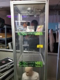 7' Lexan display case on casters with rotating display lighting & contents which are autographed