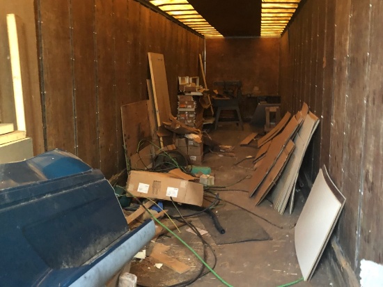Contents of Semi trailer, peg board, shelving, tile, older radial arm saw, table saw, lathe base