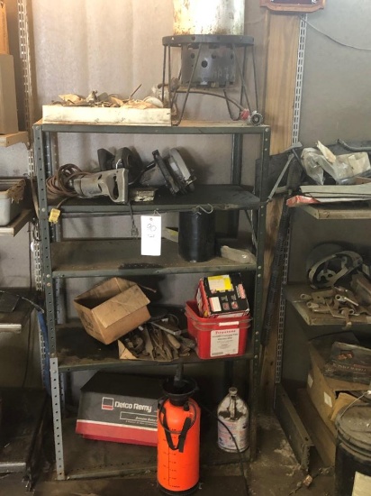 shelf and contents, angle drill,  2 saws, files
