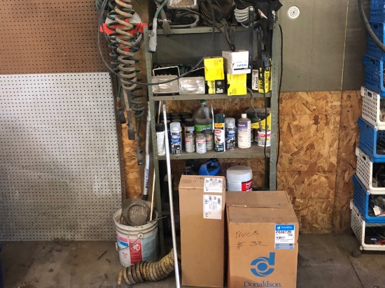 Shelf and contents, sprays, head light, misc. parts