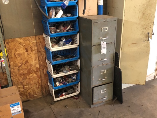 File cabinet with truck parts, basket shelves truck lights