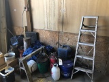 Misc. iron, parts, lube bucket, alum, stepladder