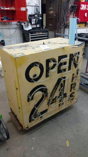 Double sided "Open 24 hrs" neon sign. (Tubes are broken and missing) 36" wide.