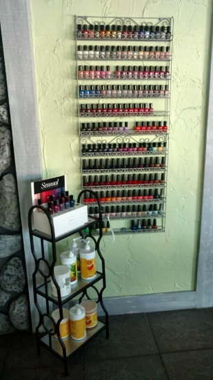 Assorted Used Nail Polish, Display Rack and Used Lotions