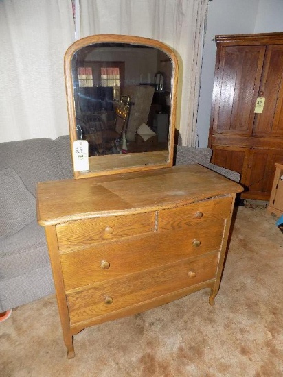 Oak Two Over Two Curved Front Dresser with Mirror