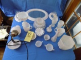 Assorted Milk Glass, Mirrors, Glass Lamp