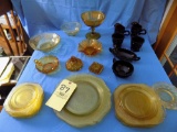 Yellow Depression Dishes, Amber Coin Glass, Compote, Red Glass