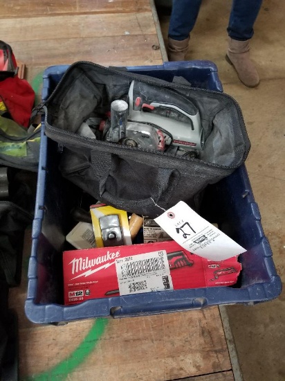 Blue tote of tools and misc. hardware
