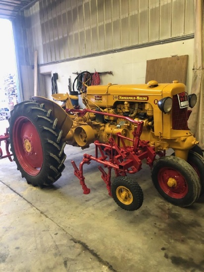 Minneapolis Moline Model R tractor, new tires, ser #1403, restored, sells with mounted cultivators