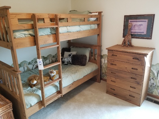 Pine bunk bed with matresses, and matching chest of drawers