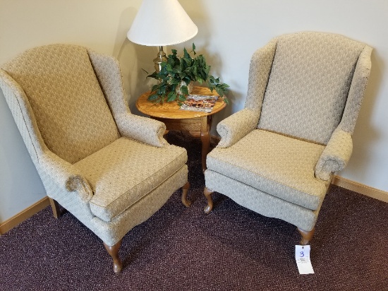 Pair of Queen Anne wingback chairs and oak side table